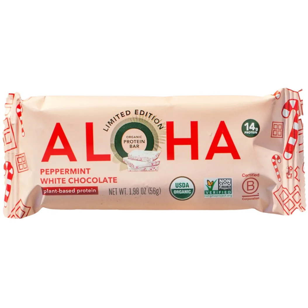 ALOHA Peppermint White Chocolate protein bar product photo