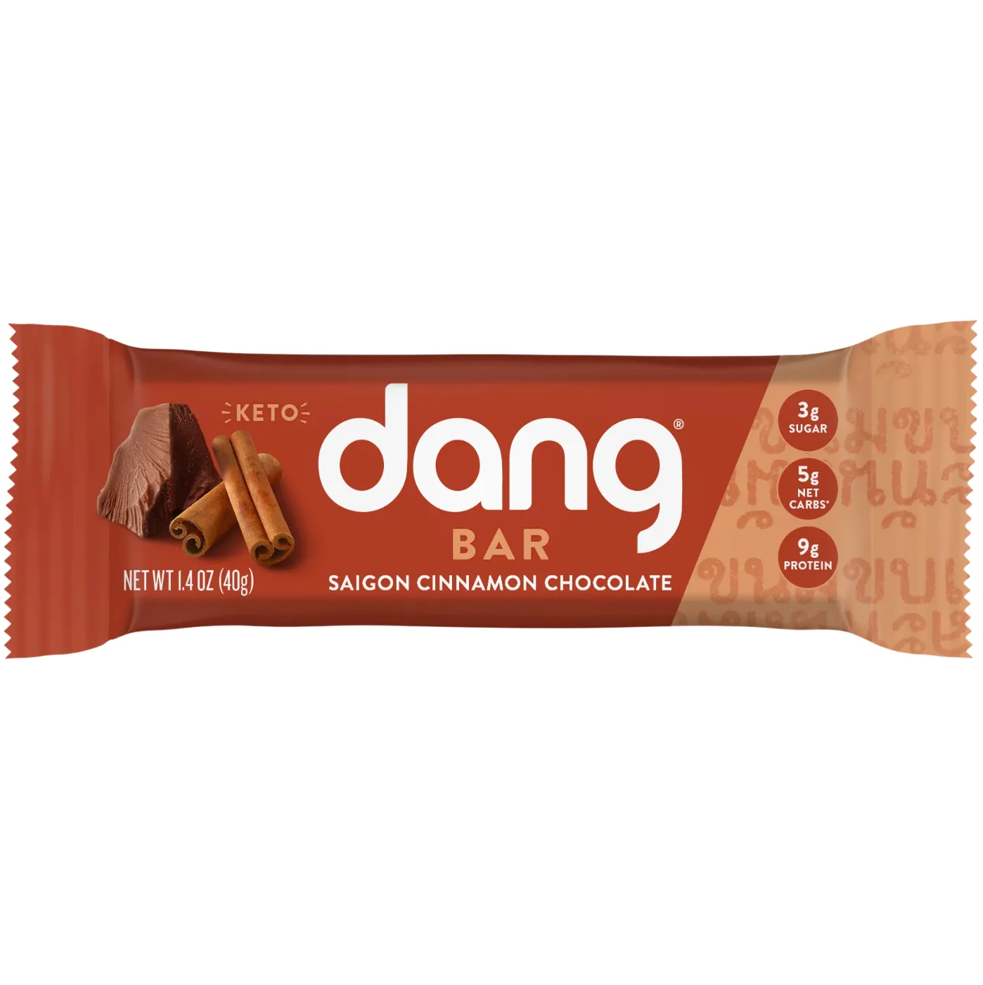 Dang Foods Cinnamon Chocolate protein bar product photo