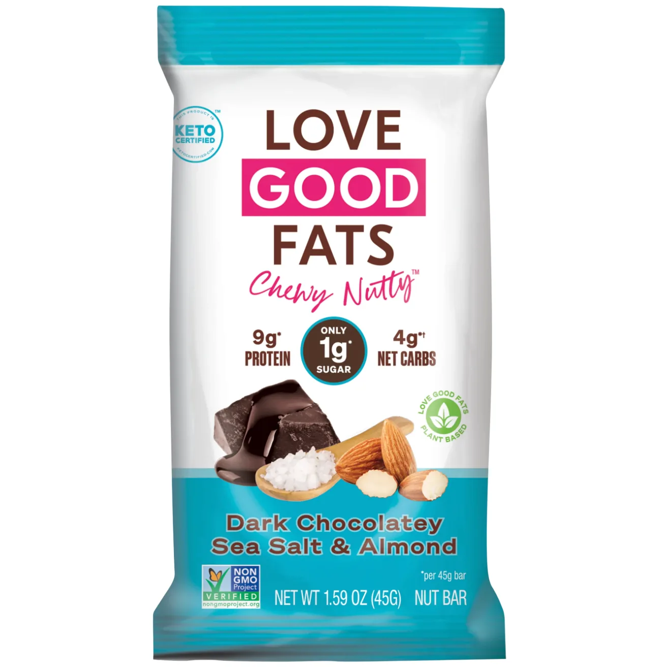 Love Good Fats Chewy Nutty Dark Chocolatey Sea Salt & Almond protein bar product photo