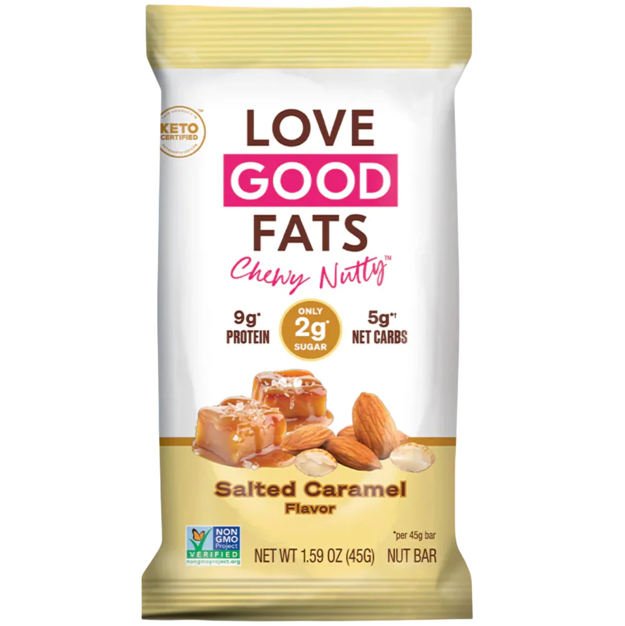 Love Good Fats Chewy Nutty Salted Caramel protein bar product photo