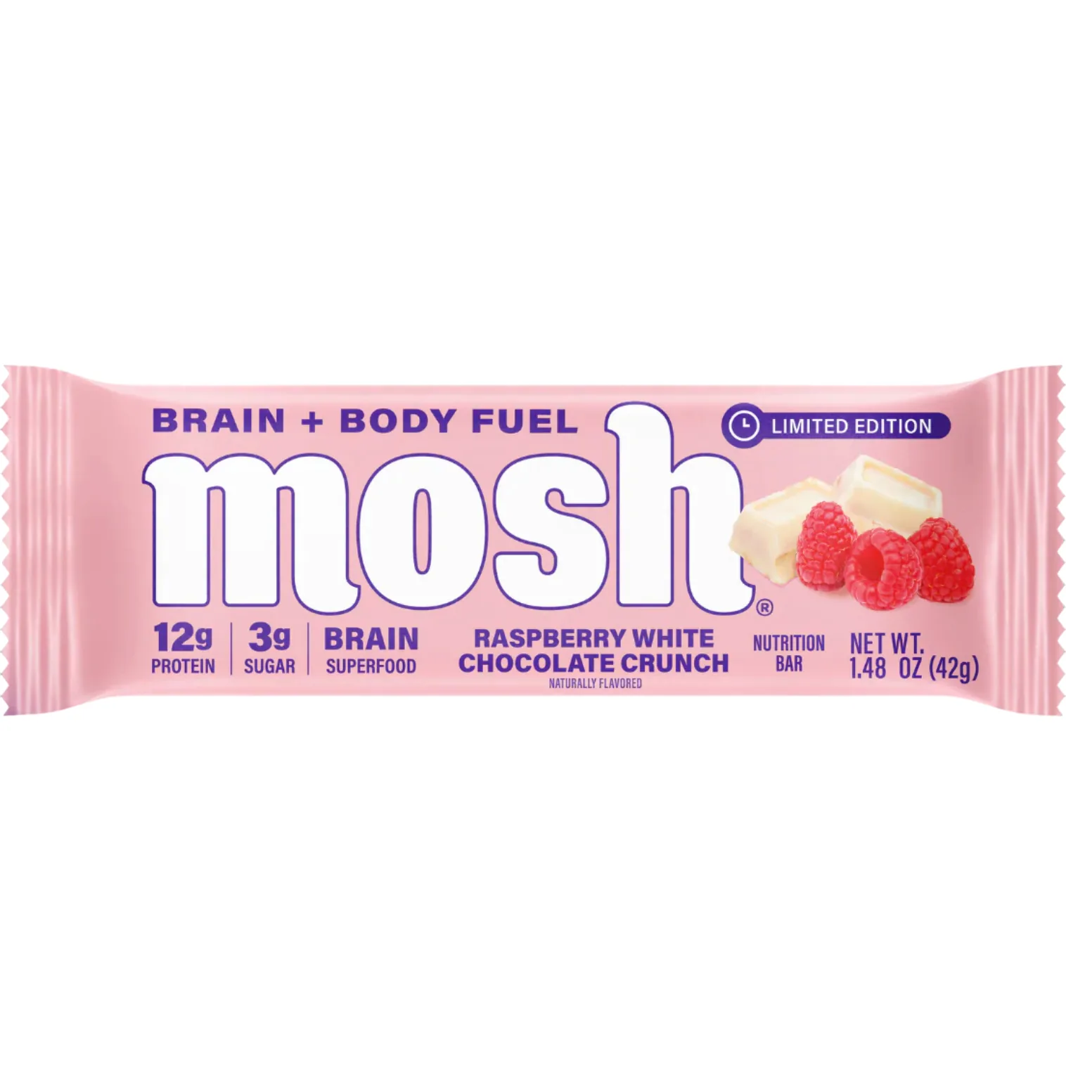 MOSH Raspberry White Chocolate Crunch protein bar product photo